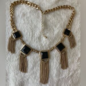 Vintage Inspired Gold Tone‎ & Black Tassel Runway Necklace